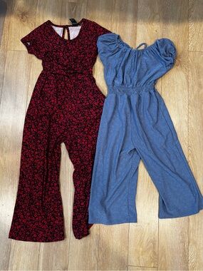 Black and Red Floral Jumpsuit & Blue Eyelet Romper Duo